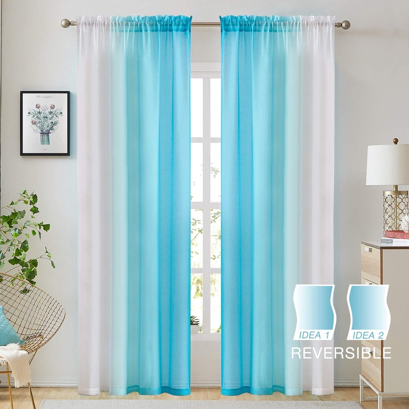 July Joy Ombre Faux Linen Sheer Curtains for Bedroom Living Room Rod Pocket , Privacy and Light Filtering, 2 Tone Reversible Gradient Voile Semi Window Curtains, Set of 2 Panels, Blue, 54 x 96 Inch Length - Image 2
